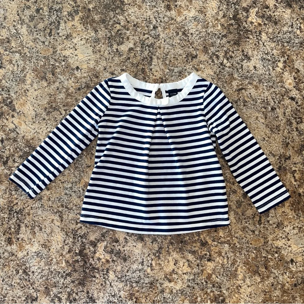 Baby Gap Nautical Coastal Preppy Navy Blue White Striped Pleated Bow Top 18-24M